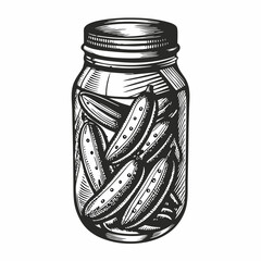 Jar of Pickles in Vintage Style for Food Blogs, Culinary Websites, Recipes, Nutrition Articles, and Home Cooking Awareness  
