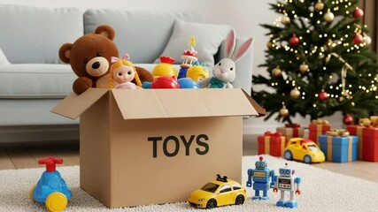 Cardboard box filled with children's toys for Christmas. Box overflowing with teddy bears, dolls, toy cars, and bunny. Festive Christmas toys ready for donation or a holiday video. - Powered by Adobe