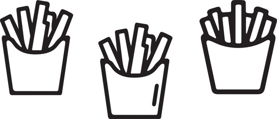 Three simple outline french fries icons in a paper container silhouette