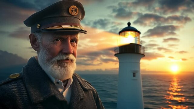 An aged mariner with a white beard and captain's hat looks out toward a glowing lighthouse on the ocean horizon, bathed in the golden light of the setting sun. The sky has dramatic cloud.