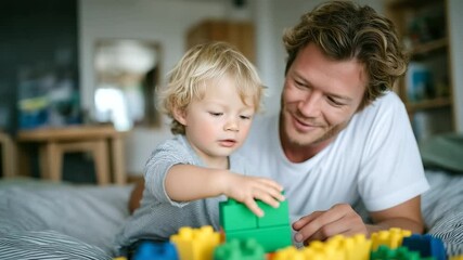 Father and young son playing with wooden eco-friendly toys in sunny nursery, bonding moment in sustainable living home environment.