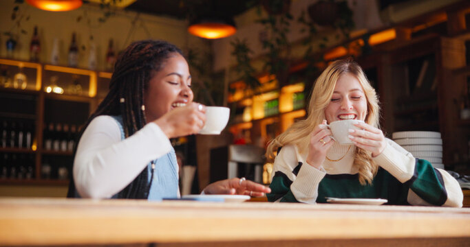Coffee shop, friends and happy women with drink in conversation for hangout, reunion and bonding. Restaurant, cafe and people with beverage, talking and gossip for relationship, social chat and relax - Powered by Adobe