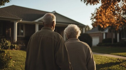 Elderly couple strolls hand in hand on a sunny afternoon outside their home in a peaceful neighborhood