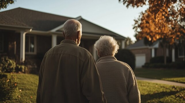 Elderly couple strolls hand in hand on a sunny afternoon outside their home in a peaceful neighborhood