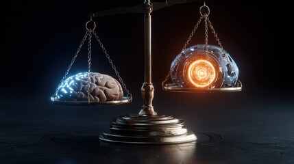 A symbolic justice scale with a realistic human brain on one side and a glowing, futuristic AI core on the other, dramatic lighting, dark background, hyper-realistic style, 8K.