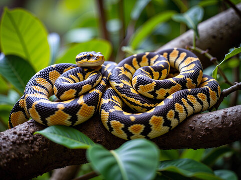 July 16 &mdash; World Snake Day yellow and black python snakes resting on a tree branch  