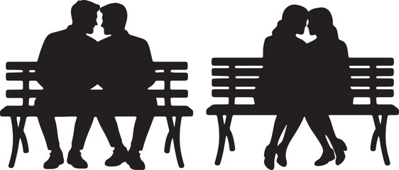 Man and woman silhouette couple sitting together on a bench or chair in black vector illustration