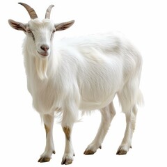 Obraz premium White goat with horns is standing and looking forward on a white background