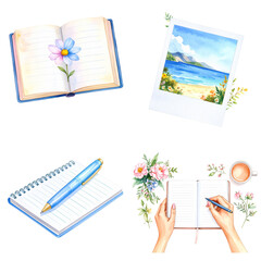 Watercolor set of notebooks, pens, flowers, instant photo, and coffee on transparent background