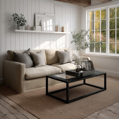 Beige sofa, modern farmhouse living room, glass coffee table, large window, natural light, cozy, neutral decor