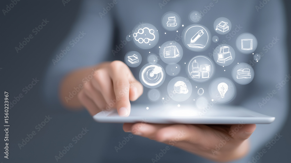 Poster Person interacts with digital tablet, engaging with floating icons representing various digital learning concepts. image conveys sense of modern technology and innovation