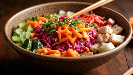 A vibrant bowl of fresh vegetables and diced tofu, featuring colorful carrots, cucumbers, and shredded beets, garnished with herbs and served with chopsticks.