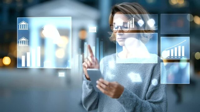 Young adult using mobile banking app on phone, financial charts and icons superimposed, modern fintech and personal finance concept.