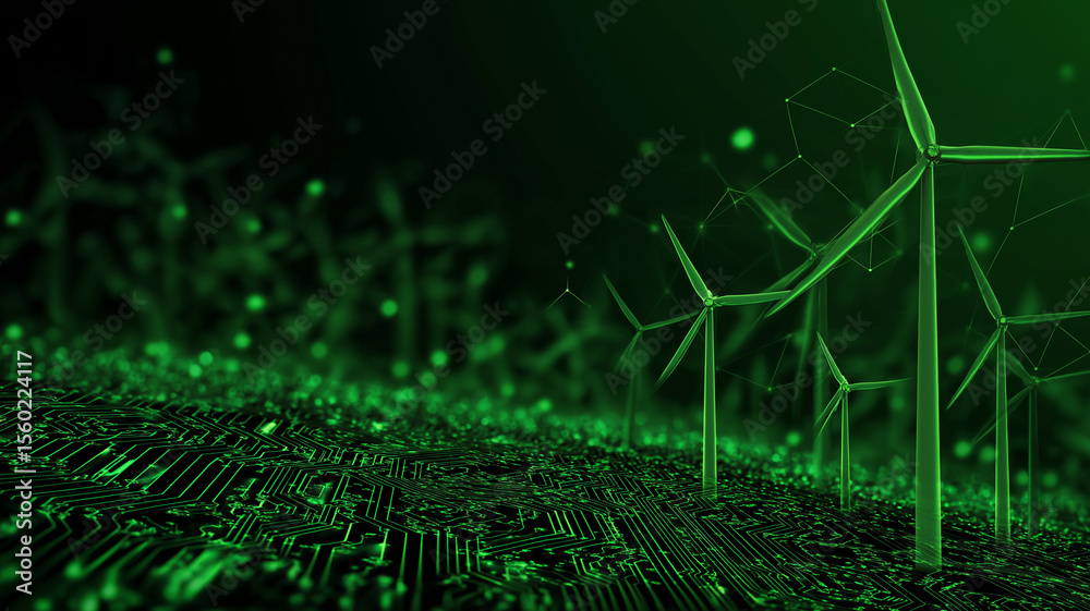 Aufkleber green technology concept with wind turbines and digital circuit board, symbolizing sustainable energ