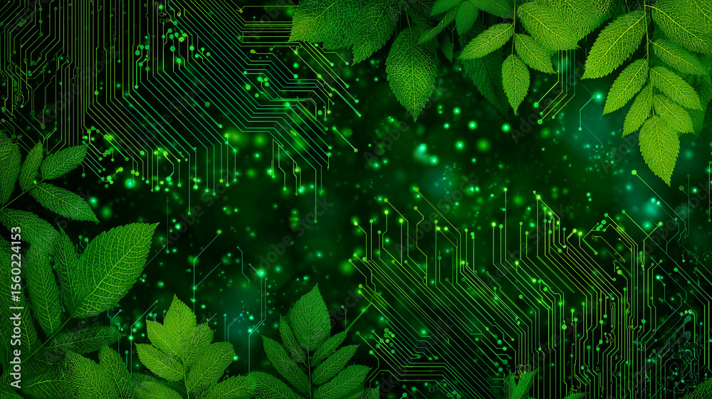 Aufkleber Vibrant green technology background blends digital circuit patterns with lush green leaves, symbolizing fusion of nature and technology. glowing elements add futuristic touch