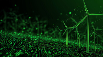 Green technology concept with wind turbines and digital circuit board, symbolizing sustainable energy and innovation. image conveys futuristic and eco friendly atmosphere