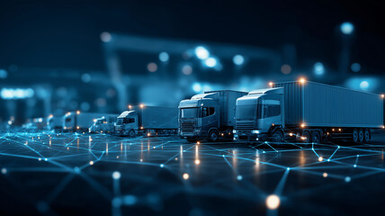 Futuristic logistics scene with glowing network connections and trucks at night, showcasing advanced technology in transportation. digital grid highlights innovation and efficiency