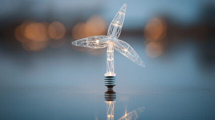 Wireframe light bulb shaped like wind turbine glows softly against blurred background, symbolizing renewable energy innovation and sustainable technology