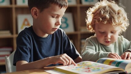 In a brightly lit classroom, an older brother assists his younger sibling with learning the alphabet, pointing at letters in a colorful book