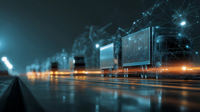 Futuristic trucks on digital highway with glowing network connections, illustrating advanced logistics technology and innovation in transportation
