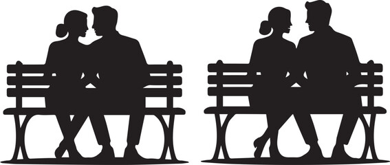 Man and woman silhouette couple sitting together on a bench or chair in black vector illustration