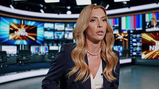 Seamless Loop video of Brown‑haired female news anchor with jewelry reading live in studio,Generative AI
