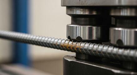 Closeup precision test of reinforced steel rebar tensile strength using automated machine in industrial laboratory for construction material quality control