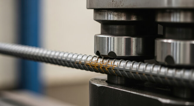 Closeup precision test of reinforced steel rebar tensile strength using automated machine in industrial laboratory for construction material quality control