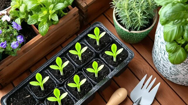 Overhead shot of DIY home gardening kit being used on balcony, compostable pots, soil, herbs, and tools in frame.
