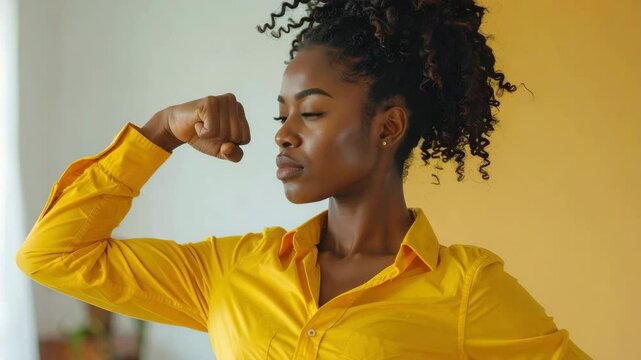 A confident young woman of color flexes her arm, a symbol of strength and determination, against a warm, neutral backdrop.