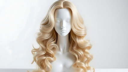 Voluminous bouncy blonde wig styled with soft curls on mannequin head, showcasing elegant and shiny hair texture in bright setting