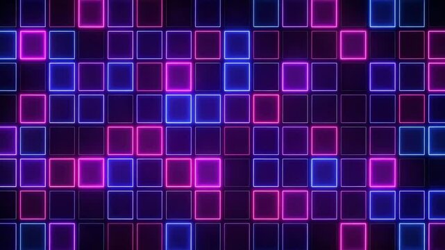 A futuristic grid of neon squares pulsates with vibrant pink and blue light, creating an abstract, energetic backdrop for modern designs.