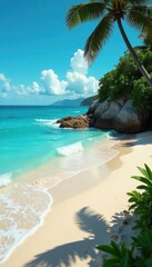 Calm ocean waves lapping a pristine sandy beach, lush vegetation , sun, shoreline, lush
