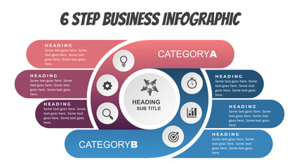 6 Step Business Infographic. Fully Editable SVG for PowerPoint, Web, Illustrator, and most vector-based applications. Ideal for presentations, infographics, and business slide designs.
