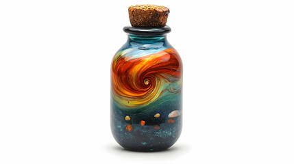 Colorful swirling nebula captured inside a glass bottle with a cork, set against a stark white backdrop