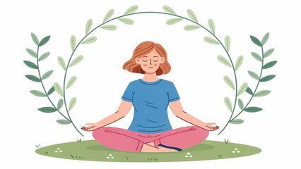 Woman meditating in nature illustration for mindfulness wellness and mental health promotion design