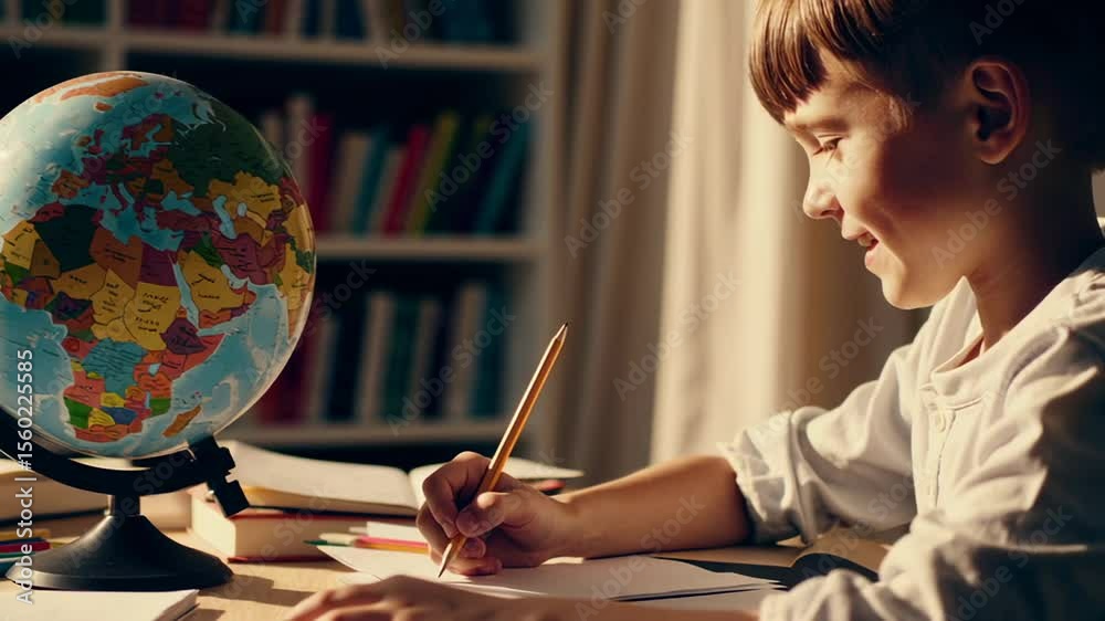 Poster happy pupil smiling and studying geography with a globe on his desk, writing on a notebook with a pe
