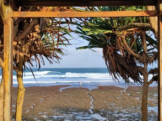 View at the beach to the waves and rocks framed in wooden planks