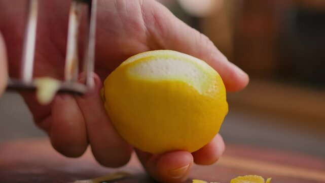 Macro view of a zester knife peeling a thin spiral from a lemon. This aromatic zest is a key ingredient for the Italian condiment gremolata. Concept of gourmet cooking and fresh flavor