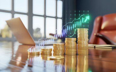 Modern Workspace with Golden Coins and Financial Data Overlay