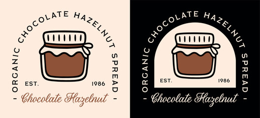 Chocolate hazelnut organic spread jar logo packaging natural raw cocoa and nuts flavor aesthetic quality label sticker. Cute retro vintage cozy homemade food illustration text badge tag print design.