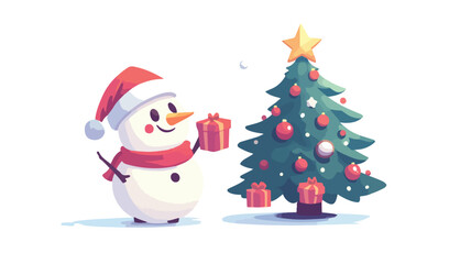 Festive Christmas Tree and Snowman with Santa Claus Cap