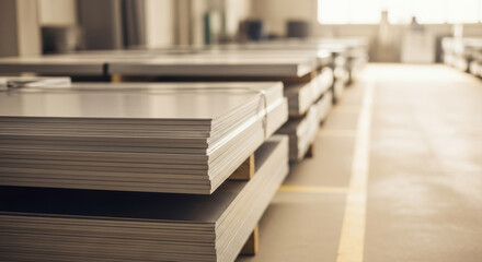 Large aluminum metal sheets stacked on warehouse shelves, industrial production material stored in well organized facility with clean spacious interior and soft daylight