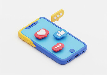 3d icon of smartphone with heart, like, comment icons, social media marketing theme, vibrant colors, isometric clay 3d render, white background.