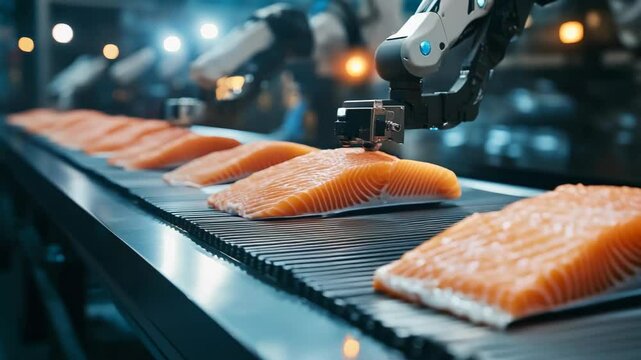 Robotic arms processing fresh salmon fillets on a conveyor belt in a modern food manufacturing facility with advanced automation and bright lighting.