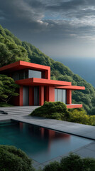 Fototapeta premium Modern red villa with large windows and flat roof sits on lush green hillside, overlooking serene pool and dramatic cloudy sky, evoking tranquility