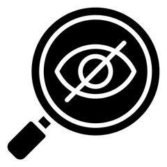 Privacy Breach Glyph Black Fill Vector Icon Design - Crossed eye under magnifying glass, representing privacy breach, surveillance, or hidden data exposure