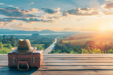 旅の始まりを告げる夕日に染まる空へ舞う飛行機