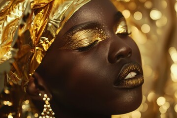 Studio portrait of a fashion model wearing golden makeup and turban, posing with closed eyes