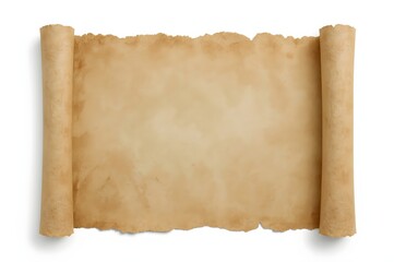 Antique parchment scroll isolated, white background, blank, aged